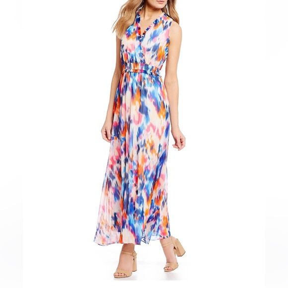 London Times Dresses & Skirts - London Times Multicolor water colors tie dye Maxi Dress sleeveless faux wrap 12